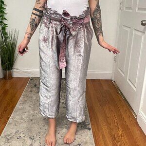 Badgley Mischka Metallic Cropped Trousers Pants Tie-Waist Size 2 Gray